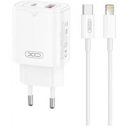 Мережевий зарядний пристрій для телефона XO L130 double USB-A/USB-C PD&amp;QC3.0 30W 3A with Lightning-Type-C cable White