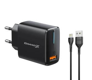 Мережевий зарядний пристрій для телефона Grand-X CH-550BL Black + кабель USB-Lightning