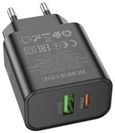 Адаптер живлення для телефона Borofone BA88A Black PD20W+Q3.0, 1xUSB-A+1xUSB-C
