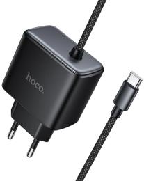 Мережевий зарядний пристрій для телефона Hoco C163A New PD25W (1USB-C) + вбудований кабель Type-C Black