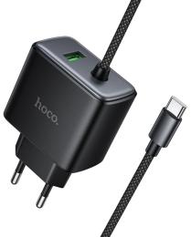 Мережевий зарядний пристрій для телефона Hoco C164A New PD30W + QC3.0 (1USB-A/1C) + вбудований кабель Type-C Black