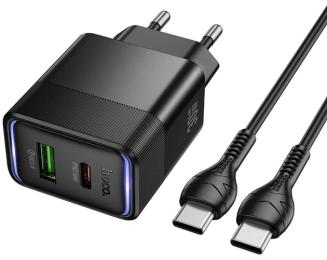 Мережевий зарядний пристрій для телефона Hoco CS112A Lounge PD30W + QC3.0 (1USB-A/1C) + кабель Type-C to Type-C Black