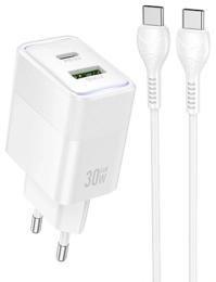 Мережевий зарядний пристрій для телефона Hoco CS112A Lounge PD30W + QC3.0 (1USB-A/1C) + кабель Type-C to Type-C White