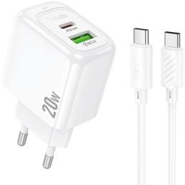 Мережевий зарядний пристрій для телефона Hoco CS54A Surplus PD20W + QC3.0 (1USB-A/1C) + кабель Type-C to Type-C White