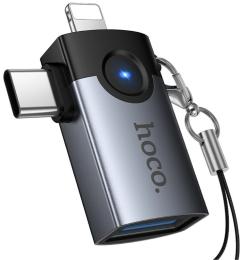 Перехідник Hoco UA46D OTG 2in1 Lightning male/Type-C male to USB female Metal