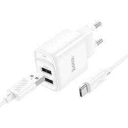 Мережевий зарядний пристрій для телефона Hoco C141A Smart dual-port charger set White (Type-A to Type-C cable)