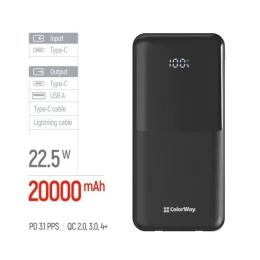 Зовнішній портативний акумулятор ColorWay DigiPower 20000mAh 22.5W Black (CW-PB200LP01BK)