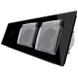 Сенсорний вимикач Подвійна розетка з кришкою IP44 Livolo чорний скло (VL-C701/C7C2EUWF-12)