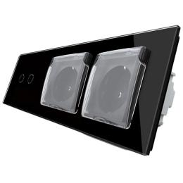 Сенсорний вимикач 2 канали Подвійна розетка з кришкою IP44 Livolo чорний скло (VL-C702/C7C2EUWF-12)