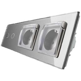 Сенсорний вимикач 2 канали Подвійна розетка з кришкою IP44 Livolo сірий скло (VL-C702/C7C2EUWF-15)