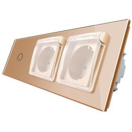 Сенсорний вимикач Подвійна розетка з кришкою IP44 Livolo золото скло (VL-C701/C7C2EUWF-13)