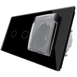 Сенсорний вимикач 2 каналу Розетка з кришкою IP44 Livolo чорний скло (VL-C702/C7C1EUWF-12)