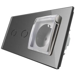 Сенсорний вимикач 2 каналу Розетка з кришкою IP44 Livolo сірий скло (VL-C702/C7C1EUWF-15)