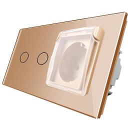 Сенсорний вимикач 2 каналу Розетка з кришкою IP44 Livolo золото скло (VL-C702/C7C1EUWF-13)