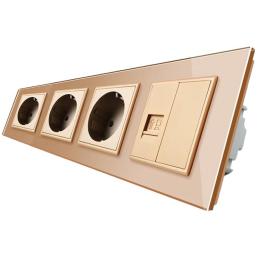 Розетка чотиримісна комбінована Силова Інтернет Livolo золото скло (VL-C7C3EU1CK0-13)