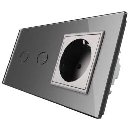 Сенсорний вимикач Livolo 2 канали із розеткою сірий скло (VL-C702/C7C1EU-15)