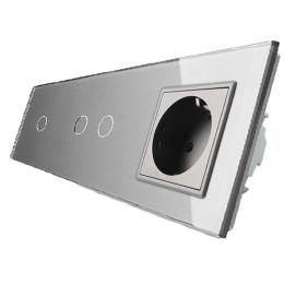 Сенсорний вимикач Livolo 3 канали (1-2) із розеткою сірий скло (VL-C701/C702/C7C1EU-15)