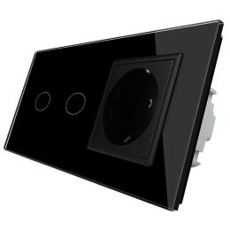 Сенсорний прохідний вимикач Livolo 2 канали із розеткою чорний скло (VL-C702S/C7C1EU-12)