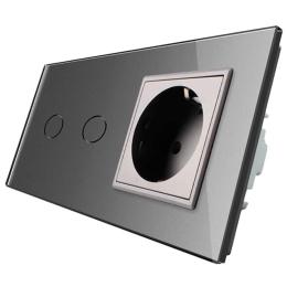Сенсорний прохідний вимикач Livolo 2 канали із розеткою сірий скло (VL-C702S/C7C1EU-15)