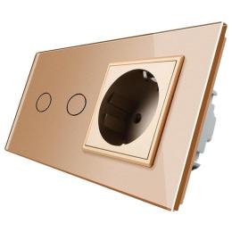 Сенсорний прохідний вимикач Livolo 2 канали із розеткою золото скло (VL-C702S/C7C1EU-13)