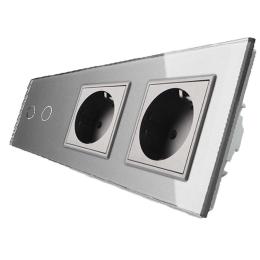 Сенсорний прохідний вимикач Livolo 2 канали 2 розетки сірий скло (VL-C702S/C7C2EU-15)