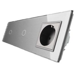 Сенсорний прохідний вимикач Livolo 2 канали (1-1) із розеткою сірий скло (VL-C701S/C701S/C7C1EU-15)