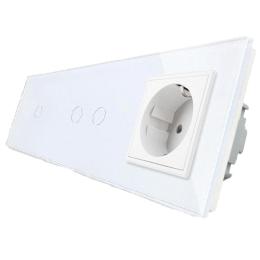 Сенсорний прохідний вимикач Livolo 3 канали (1-2) із розеткою білий скло (VL-C701S/C702S/C7C1EU-11)