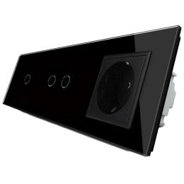 Сенсорний прохідний вимикач Livolo 3 канали (1-2) із розеткою чорний скло (VL-C701S/C702S/C7C1EU-12)