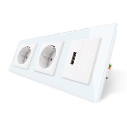Розетка тримісна силова з заземленням і USB 2.1А 5V Livolo колір білий скло (VL-C7C2EU1USB0-11)
