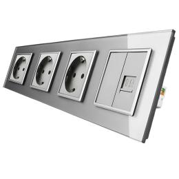 Розетка чотиримісна комбінована силова інтернет Livolo сірий скло (VL-C7C3EU1CK0-15)