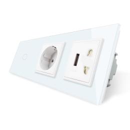 Сенсорний прохідний вимикач розетка з заземленням USB Livolo колір білий скло (VL-C701SC1EU1USBC1A-11)