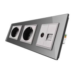 Розетка тримісна комбінована силова інтернет ТВ Livolo сірий скло (VL-C7C2EU1C1V-15)