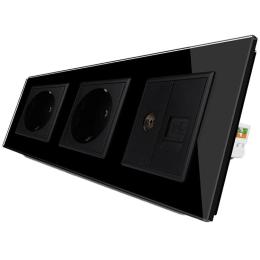 Розетка тримісна комбінована силова інтернет ТВ Livolo чорний скло (VL-C7C2EU1C1V-12)