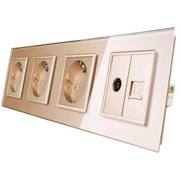 Розетка чотиримісна комбінована силова інтернет ТВ Livolo золото скло (VL-C7C3EU1C1V-13)