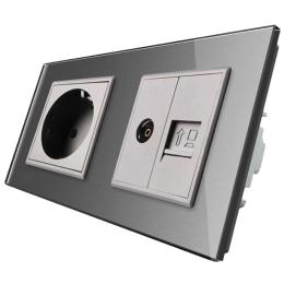 Розетка двомісна комбінована силова інтернет ТВ Livolo сірий скло (VL-C7C1EU1V1C-15)