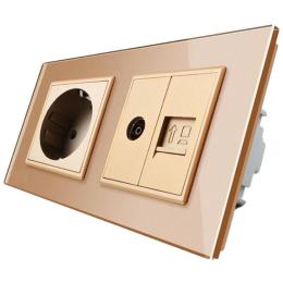 Розетка двомісна комбінована силова інтернет ТВ Livolo золото скло (VL-C7C1EU1V1C-13)
