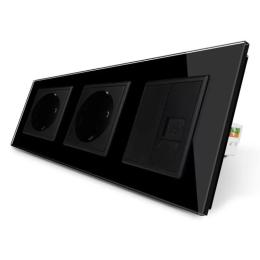 Розетка тримісна комбінована силова інтернет Livolo чорний скло (VL-C7C2EU1CK0-12)