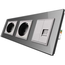 Розетка тримісна комбінована силова інтернет Livolo сірий скло (VL-C7C2EU1CK0-15)