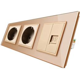 Розетка тримісна комбінована силова інтернет Livolo золото скло (VL-C7C2EU1CK0-13)