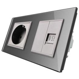 Розетка двомісна комбінована силова інтернет Livolo сірий скло (VL-C7C1EUK01C-15)