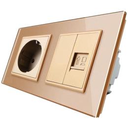 Розетка двомісна комбінована силова інтернет Livolo золото скло (VL-C7C1EUK01C-13)