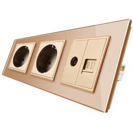Розетка тримісна комбінована силова інтернет ТВ Livolo золото скло (VL-C7C2EU1C1V-13)