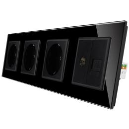 Розетка чотиримісна комбінована силова інтернет ТВ Livolo чорний скло (VL-C7C3EU1C1V-12)