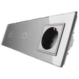 Безконтактний вимикач Livolo 2 канали (1-1) із розеткою сірий скло (VL-C701/C701/C7C1EU-PRO-15)