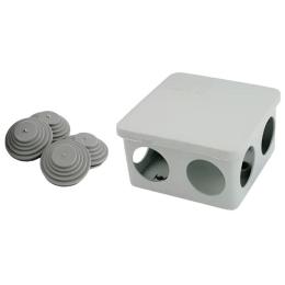 Коробка монтажна з кришкою 85х85х50мм з 7 кабельними вводами для труб