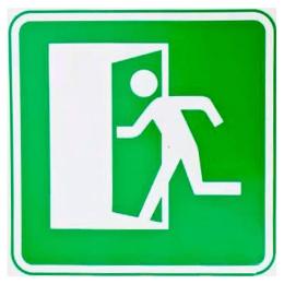 Знак Вихід тут (евакуаційний вихід ліворуч) 150х150