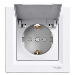 Розетка з заземленням з захисними шторками з кришкою біла Asfora