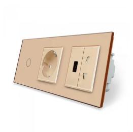 Сенсорний вимикач 1 сенсор 1 розетка 1 USB 1 Розетка універсальна золотий скло Livolo