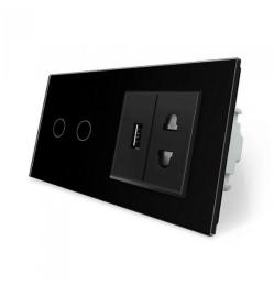 Сенсорний вимикач 2 сенсори 1 USB 1 Розетка універсальна чорний скло Livolo (VL-C702/C7USBC1A-12)
