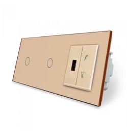 Сенсорний вимикач 2 сенсори (1-1) 1 USB 1 универсальная розетка золотий скло Livolo